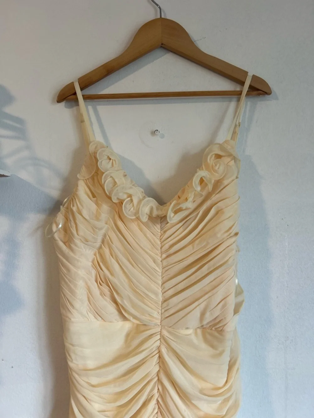 Lipsy Buttermilk Yellow Mesh Ruffle Ruched Midi Bodycon Dress